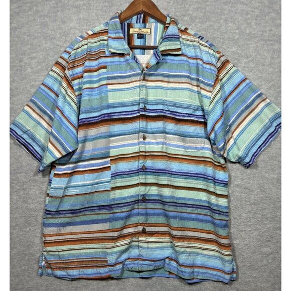 Tommy Bahama Men's 100% Silk Sz L Striped Short Sleeve Button-Up Shirt Beachy - Picture 1 of 5